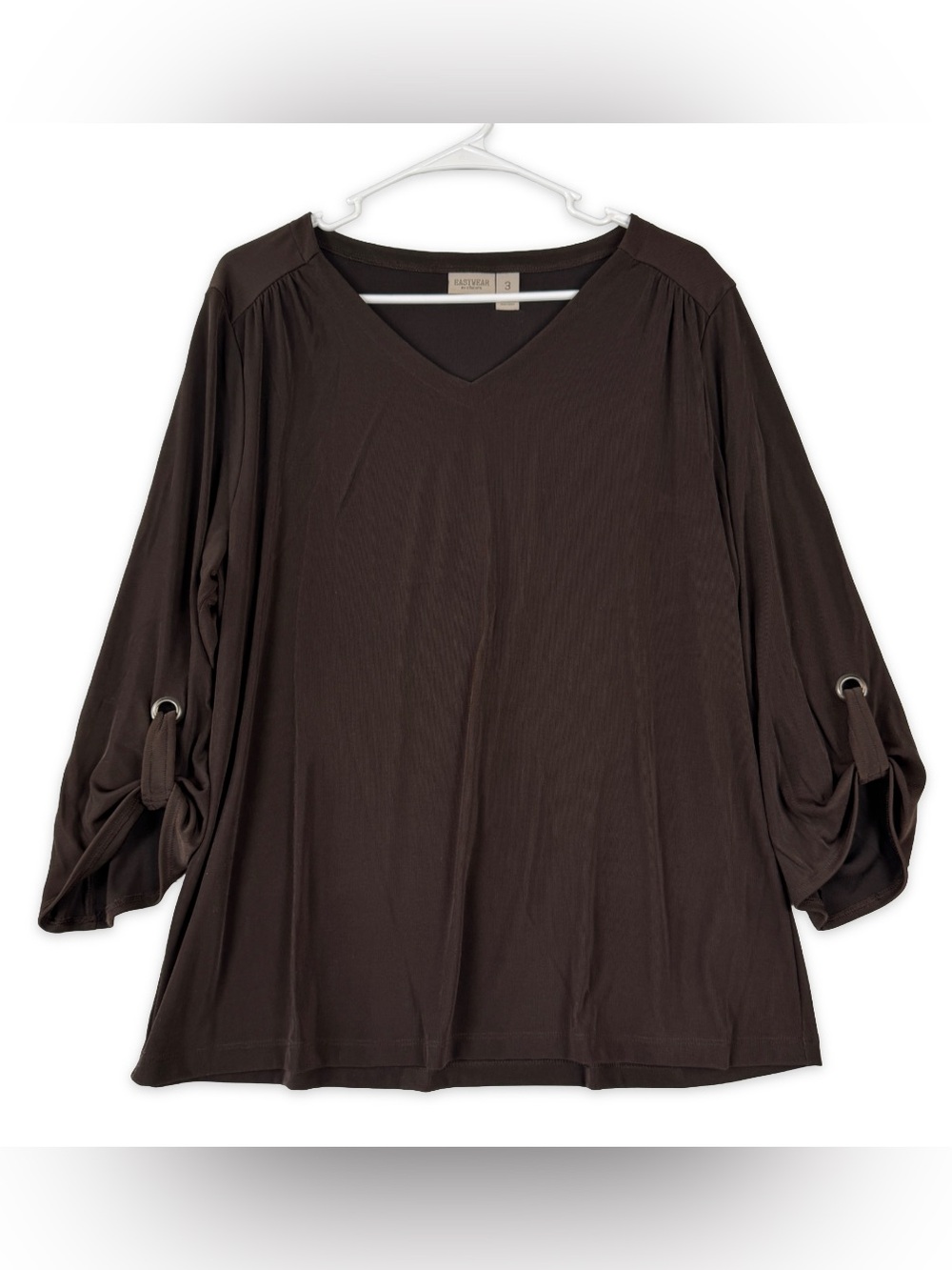 Easywear by Chicos Size 3 Blouse Womens XL/16 Solid Brown V-neck 3/4 Sleeve